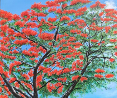 Pintura intitulada "Coeur de Flamboyant" por Ami, Obras de arte originais, Óleo Montado em Armação em madeira