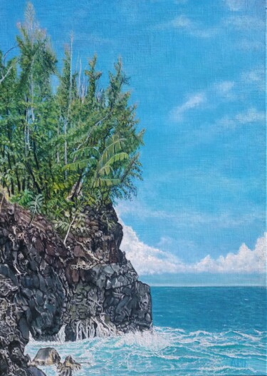 Painting titled "Le Sentier du Pêche…" by Ami, Original Artwork, Oil Mounted on Wood Stretcher frame