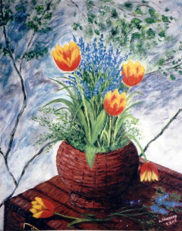 Peinture intitulée "Panier de tulipes" par Anne Touzard, Œuvre d'art originale