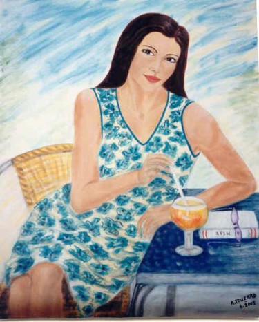 Painting titled "Femme à la terrasse" by Anne Touzard, Original Artwork