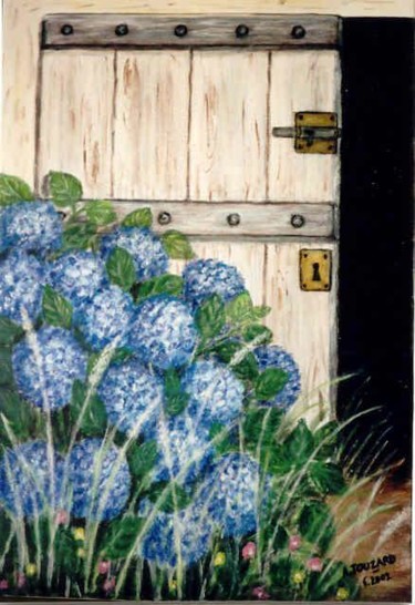 Peinture intitulée "Porte et hortensias" par Anne Touzard, Œuvre d'art originale