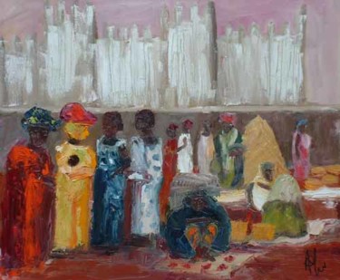 Peinture intitulée "marché rouge-Mali" par Anne Paul, Œuvre d'art originale
