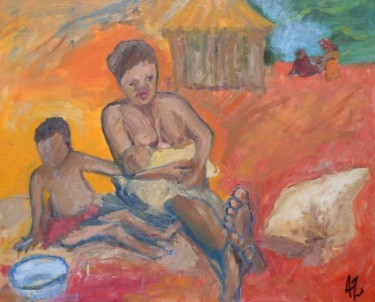Peinture intitulée "femme et enfants au…" par Anne Paul, Œuvre d'art originale