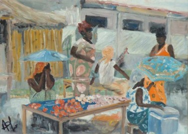 Peinture intitulée "marché aux ombrelle…" par Anne Paul, Œuvre d'art originale