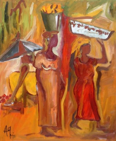 Peinture intitulée "robe rouge au marché" par Anne Paul, Œuvre d'art originale, Huile