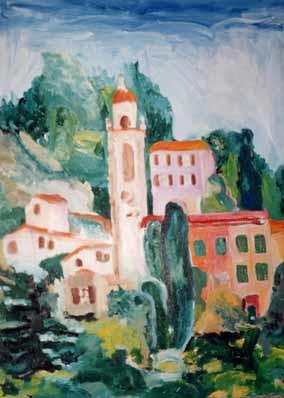 Schilderij getiteld "village en Italie" door Anne Paul, Origineel Kunstwerk, Olie