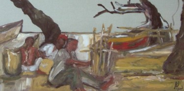 Peinture intitulée "hommes et pirogues" par Anne Paul, Œuvre d'art originale, Huile