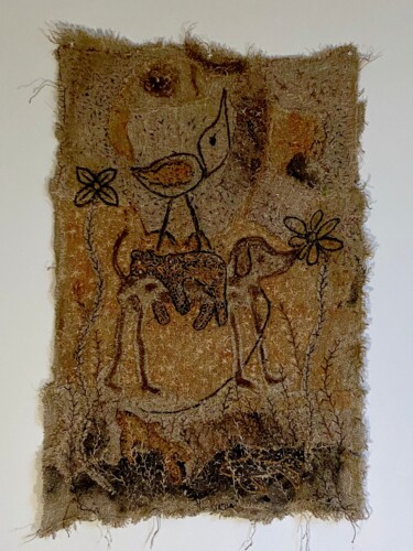 TENTURE ART BRUT "LES RELATIONS, CHIEN ET CHAT Art textile intitulée "TENTURE ART BRUT "L…" par Anne Marin, Œuvre d'art originale, Broderie