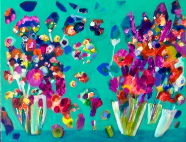 Malerei mit dem Titel "Blumen auf Türkis" von Anne Samson, Original-Kunstwerk, Acryl