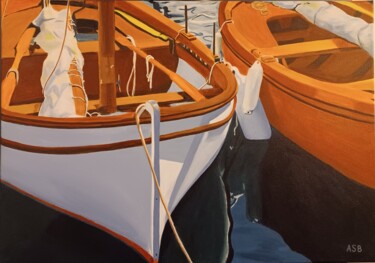 Painting titled "Les deux barques" by Anne-Sophie Beau, Original Artwork, Acrylic Mounted on Wood Stretcher frame