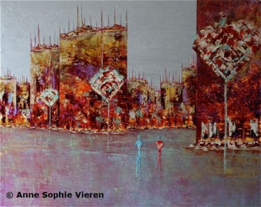 Painting titled "Chemin ... Thème ur…" by Anne Sophie Vieren, Original Artwork, Oil Mounted on Wood Stretcher frame