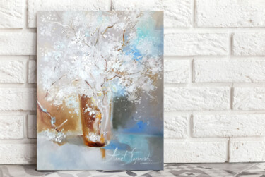 Картина под названием "White Floral painti…" - Annet Loginova, Подлинное произведение искусства, Масло Установлен на Деревян…