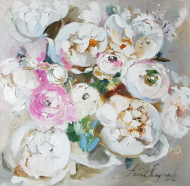 Painting titled "White flowers paint…" by Annet Loginova, Original Artwork, Oil Mounted on Wood Stretcher frame