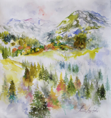 Painting titled "Conifer peaks" by Annet Loginova, Original Artwork, Watercolor