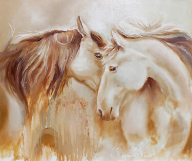 Painting titled "Cavalli innamorati…" by Annet Loginova, Original Artwork, Oil Mounted on Wood Panel