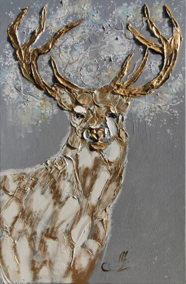 Malerei mit dem Titel "Golden Deer" von Annet Loginova, Original-Kunstwerk, Öl