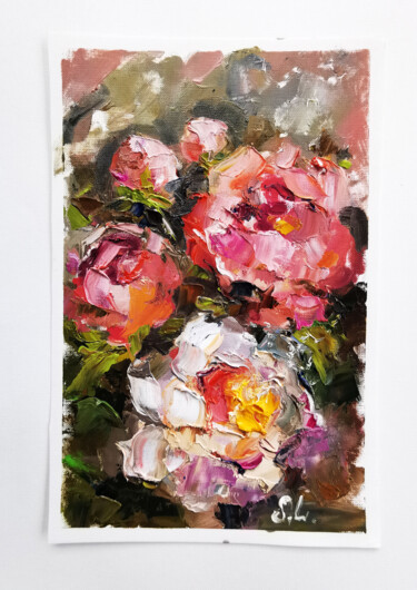 Pittura intitolato "Pink peonies framed…" da Annet Loginova, Opera d'arte originale, Olio