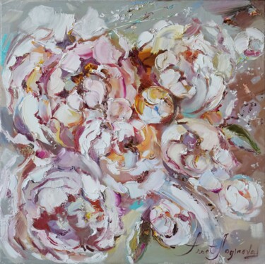 Printmaking titled "Creamy Peonies. Lar…" by Annet Loginova, Original Artwork, Oil Mounted on Wood Stretcher frame