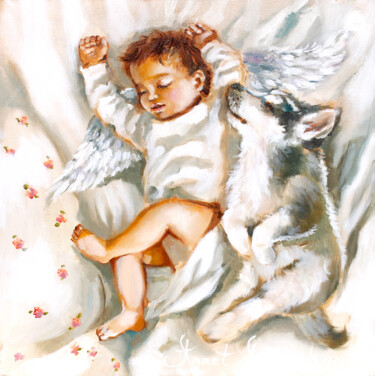 Painting titled "Angel & Furry Frien…" by Annet Loginova, Original Artwork, Digital Print