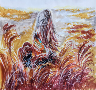Pittura intitolato "Girl In A Wheat Fie…" da Annet Loginova, Opera d'arte originale, Acquarello