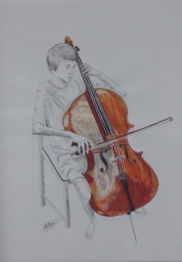 Painting titled "Cello mit Wolkenspi…" by Annette Leue, Original Artwork, Watercolor