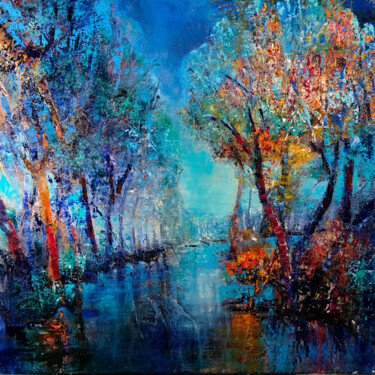 Pittura intitolato "Die Bäume am Fluss" da Annette Schmucker, Opera d'arte originale, Olio Montato su Telaio per barella in…