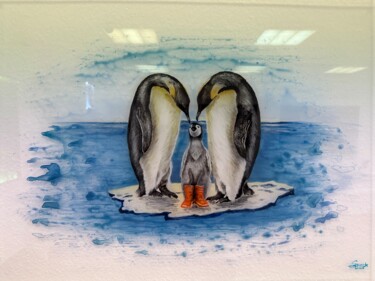 Malerei mit dem Titel "Pinguine" von Annette Speck, Original-Kunstwerk, Glasmalerei Auf Glas montiert