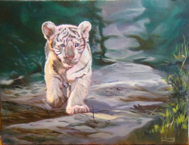 Painting titled "Petit tigre blanc" by Anne Zamo, Original Artwork, Oil