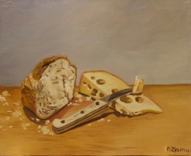 Painting titled "Gruyère et pain" by Anne Zamo, Original Artwork, Oil