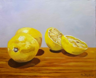 Painting titled "Citrons 4, nature m…" by Anne Zamo, Original Artwork, Oil