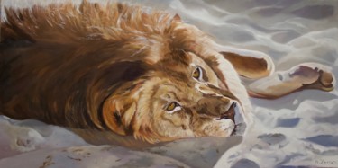Painting titled "Portrait de lion" by Anne Zamo, Original Artwork, Oil