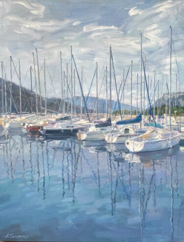 Painting titled "Harbor" by Anna Gaponiuk, Original Artwork, Oil Mounted on Wood Stretcher frame