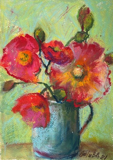 Painting titled "Poppies in a blue v…" by Ann Golub, Original Artwork, Pastel Mounted on Cardboard