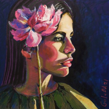Painting titled "Girl with flower" by Ann Golub, Original Artwork, Acrylic Mounted on Wood Stretcher frame