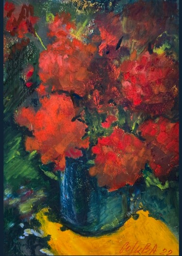 Peinture intitulée "Geranium in backlig…" par Ann Golub, Œuvre d'art originale, Pastel Monté sur Carton