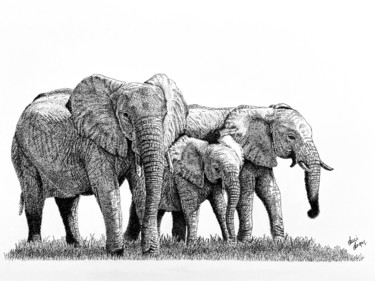 Gentle Giants of Africa Drawing titled "Gentle Giants of Af…" by Anni Angus, Original Art, Ink