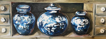 Painting titled "Drie blauwe vazen" by Annick Blommaert, Original Artwork, Acrylic