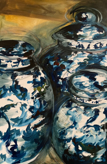 Painting titled "Drie blauwe vazen s…" by Annick Blommaert, Original Artwork, Acrylic