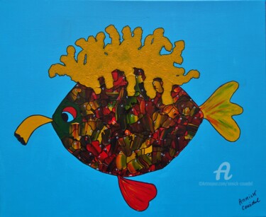 Schilderij getiteld "RASTA FISH" door Annick Couëdel, Origineel Kunstwerk, Acryl