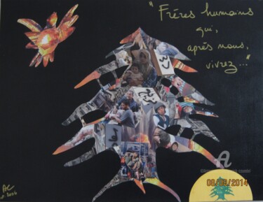 Collagen mit dem Titel "FRERES HUMAINS..." von Annick Couëdel, Original-Kunstwerk