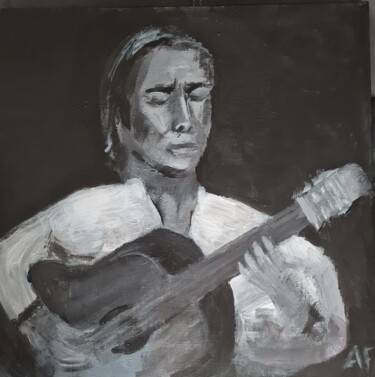 Painting titled "Le guitariste de fl…" by Annick Fournier, Original Artwork, Acrylic Mounted on Wood Stretcher frame