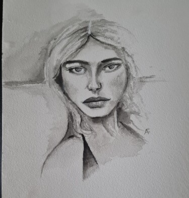 Drawing titled "Portrait aquarelle" by Annick Fournier, Original Artwork, Watercolor