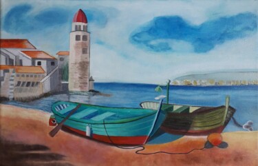 Pittura intitolato "En vain, les barque…" da Annick Le Guelvout, Opera d'arte originale, Olio