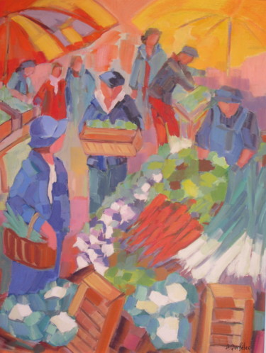 Peinture intitulée "Marché  breton" par Annick Queffélec, Œuvre d'art originale, Huile