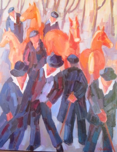 Peinture intitulée "Marché aux chevaux" par Annick Queffélec, Œuvre d'art originale, Huile