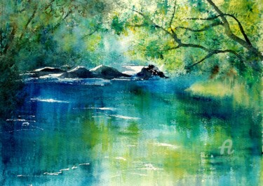 Peinture intitulée "Au bord de l'eau" par Annick Sabatier, Œuvre d'art originale, Aquarelle