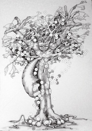 Dessin intitulée "L'arbre à mots" par Annick Samaurow, Œuvre d'art originale