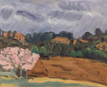 Painting titled "Cerisiers en fleur…" by Annie Agostini, Original Artwork, Oil