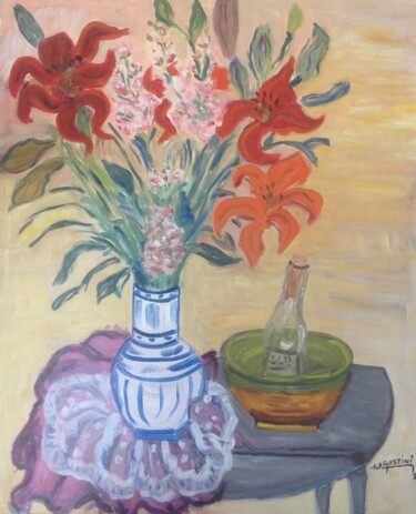 Painting titled "le vase bleu et bla…" by Annie Agostini, Original Artwork, Oil