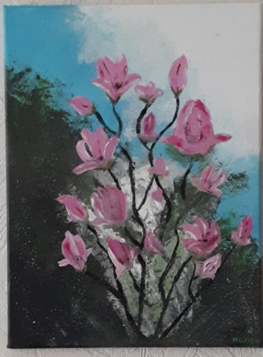 Painting titled "Fleurs de magnolias" by Nanou, Original Artwork, Acrylic Mounted on Wood Stretcher frame